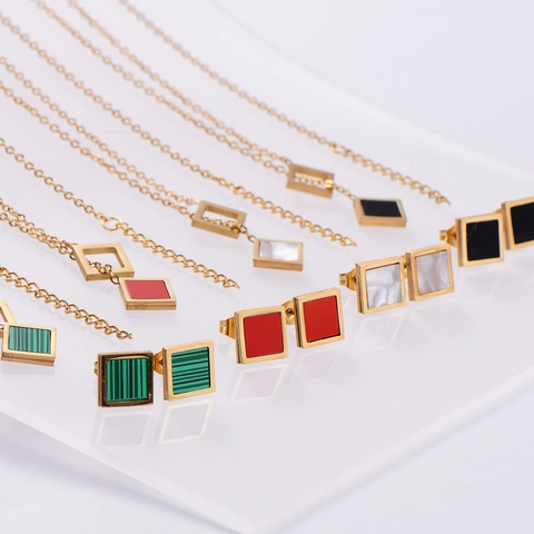 Quadratischer Edelstahlschmuck 18K Vergoldet Halskette Armband Ohrringe Elegante Muschel Malachit Für Damen Geschenk