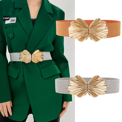 Ceinture Élastique Femme Vintage avec Boucle Coquillage Dorée Large Ceinture de Taille Extensible Accessoire Mode Perlé