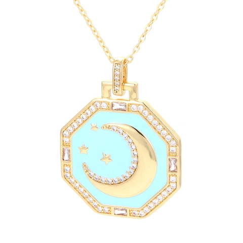 Fashion Octagon Star Moon Pendant Necklace Copper Enamel Gold Plated Zircon Inlaid Elegant Jewelry For Women