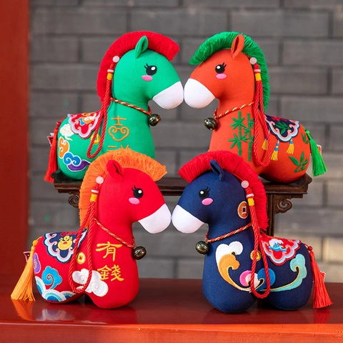 Chinese Folk Style Year Of The Horse Plush Toy Mascot Pendant For New Year Gift Traditional Fabric Horse With Embroidery Bell Tassel Auspicious Ornament