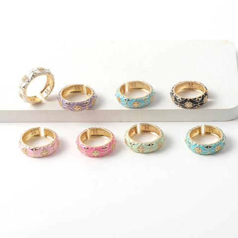 Fashion 18K Gold Plated Copper Ring For Women Colorful Enamel Flower Geometric Adjustable Open Finger Ring Zirconia Jewelry