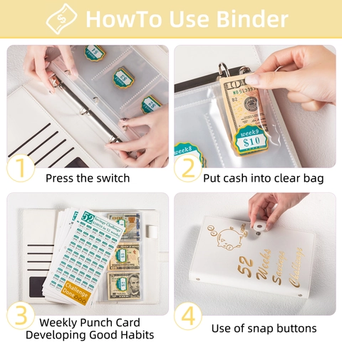Savings Challenge Binder 52 Weeks Budget Book PU Leather With Zipper Envelopes Tracker Cards Erasable Pen For Cash Saving
