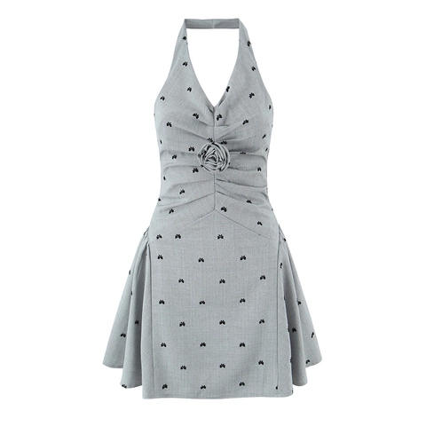 Graues Halfter Mini Kleid Mit 3D Blume Und Schmetterlingsdruck Fischgräten Textur Ärmelloses Rückenloses Sonnenkleid