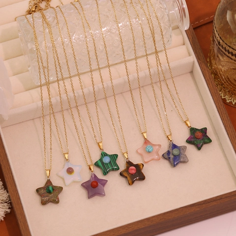 Star Pendant Necklace Stainless Steel Natural Stone Malachite Amethyst Tiger Eye Gold Plated Dainty Chain Jewelry For Women
