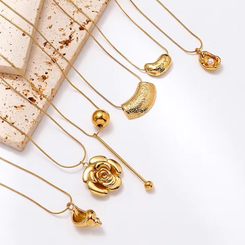 Stainless Steel Necklace Gold Plated Snake Bone Chain Rose Flower Shell Artificial Pearl Minimalist Light Luxury Pendant For Women