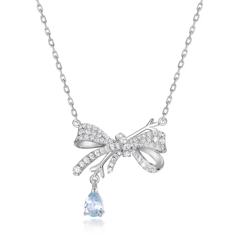 925 Sterling Silver Bow Ribbon Snowflake Necklace For Women Blue Water Drop Topaz Pendant Rhinestone Jewelry Christmas Gift