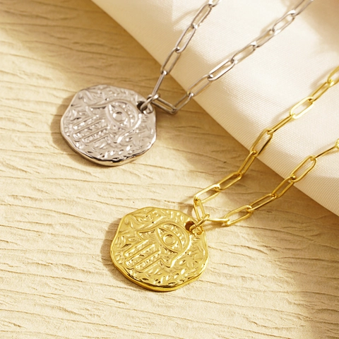 Vintage Stainless Steel Hamsa Hand Evil Eye Coin Pendant Necklace For Women Retro Paperclip Chain Jewelry Gift