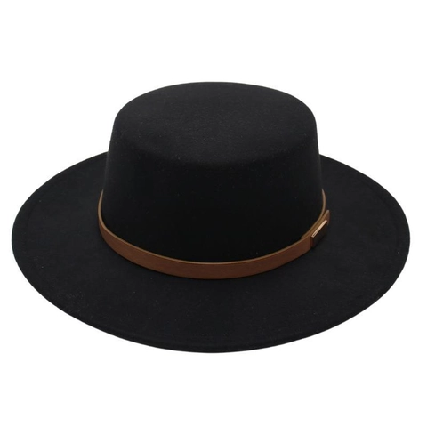 Eleganter Französischer Retro Flacher Filzhut Mit Lederband Und Metallschnalle Für Damen Weite Krempe