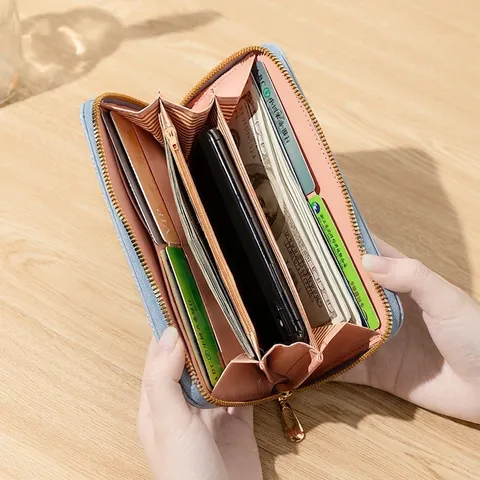 Damen Geldbörse Lang PU Leder Gänseblümchen Stickerei Reißverschluss Clutch Kartenfächer Handgelenktasche Elegant