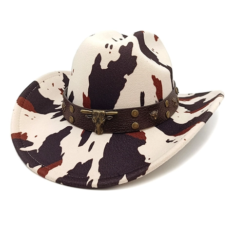 Chapeau De Cowboy Western Bord Large Imprimé Vache Léopard Feutre Polyester Avec Bande Similicuir Tête De Taureau Métal Rivet Rétro