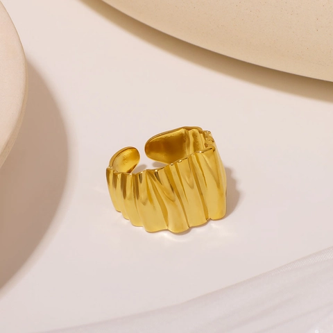 Wellenförmiger Falten Offener Ring 18K Vergoldet Edelstahl Lava Geometrisch Verstellbar Fingerring Für Damen Vintage Stil