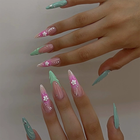 Lange Stiletto Kunstnägel Rosa Mintgrün Farbverlauf 3D Blumen Strass Luxus Wiederverwendbar Acryl DIY Maniküre Damen