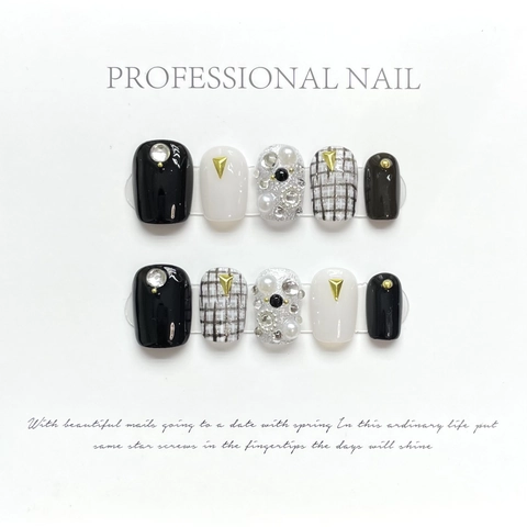 Uñas Postizas Press On Francesas Elegantes Con Perlas Artificiales Brillantes Tweed Cuadros Cadena Metálica Estilo De Lujo Para Mujer