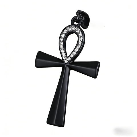 Ankh Cross Pendant Necklace Stainless Steel Rhinestone Egyptian Life Symbol Polished Jewelry For Men Women