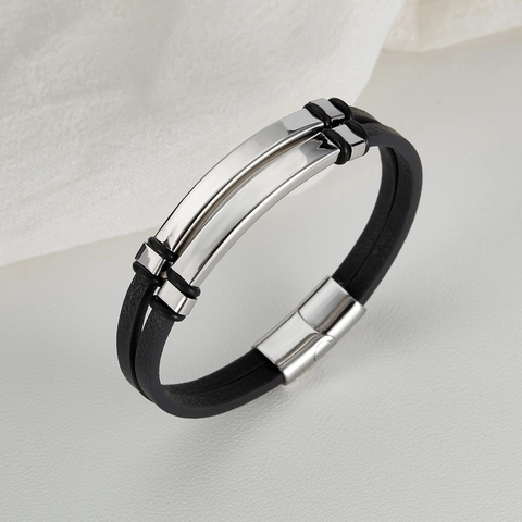 Men Double Layer Braided Leather Bracelet With Stainless Steel Metal Plate Magnetic Clasp Minimalist Fashion