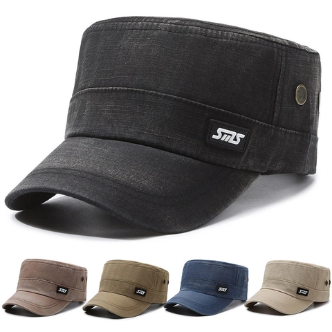 Vintage Washed Cotton Cadet Cap Men Military Style Flat Top Hat Adjustable Breathable Distressed Outdoor Casual Sun Hat