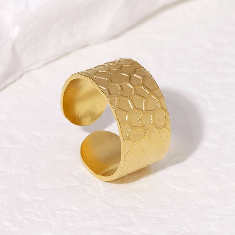 Anello Largo Aperto Acciaio Inossidabile Placcato Oro 18K Texture Nido D'Ape Geometrico Vintage Lusso Regolabile Gioielli Donna