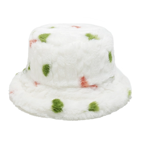 Women Winter Warm Faux Fur Bucket Hat Colorful Polka Dot Pattern Plush Polyester Soft Trendy Fisherman Cap