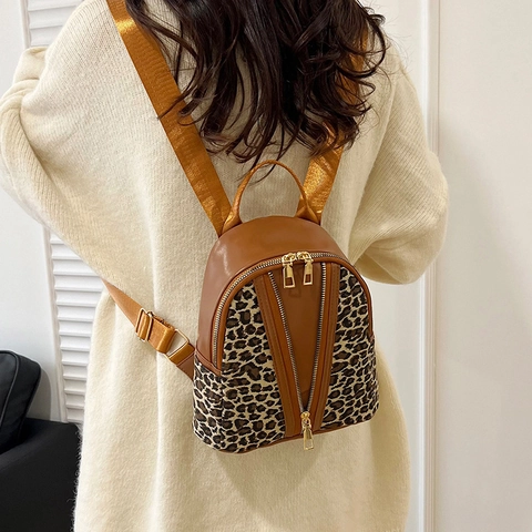 Mini Fashion Backpack For Women Leopard Print PU Leather Fabric Stitching Golden Zipper Casual Small Travel Shoulder Bag