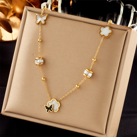 Damen Edelstahl Schmetterling Blume Anhänger Halskette Gold Überzogen Schlüsselbein Kette Mit Strass Mode Nischen Schmuck