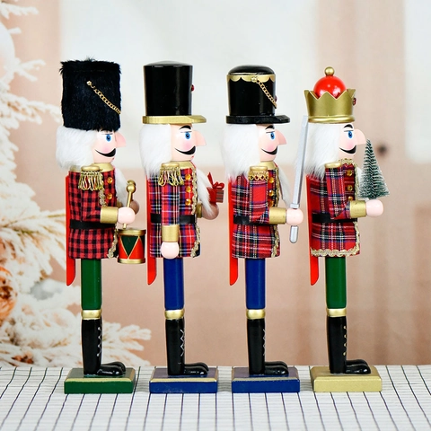 Christmas Nutcracker Soldier Wooden Ornament Traditional Plaid Design Hand Painted Tabletop Decoration Festive Holiday Gift Home Decor