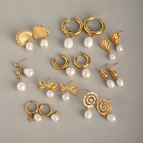Elegante Roestvrij Stalen Zoetwaterparel Oorbellen Ginkgoblad Strik Schelp Hanger Oorbellen 18K Verguld Sieraden Voor Dames