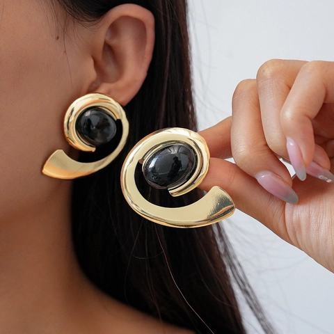 Vintage Geometric Spiral Stud Earrings With 925 Sterling Silver Earring Post Alloy Gold Plated Black Oval Resin