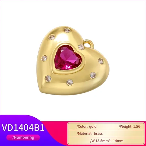 Pendente Cuore Rame Placcato Oro Zirconia Rossa DIY Accessorio Gioielli Dolce Stile Ins Per Donne
