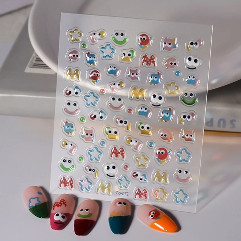 5D Relief Nail Art Stickers 3D Embossed Cartoon Eyes Star Heart Macaron Color Waterproof DIY Manicure Decoration Women