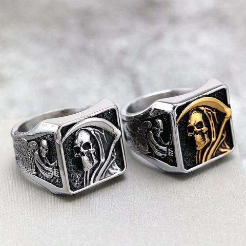 Grim Reaper Scythe Skull Ring Stainless Steel Gothic Punk Retro Signet Relief Wings Jewelry For Men Women