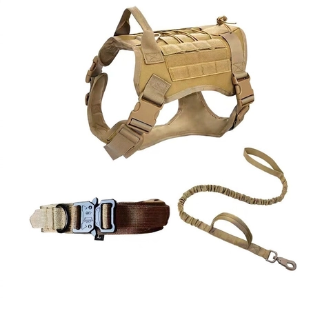 Tactical Dog Harness Vest Handle Breathable Nylon Training Collar And Bungee Leash MOLLE System Large Medium Dogs