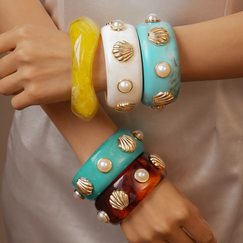 Brazalete Ancho Resina Textura Mármol Imitación Perla Artificial Concha Dorada Bohemio Vintage Estilo Océano Joyería Para Mujeres
