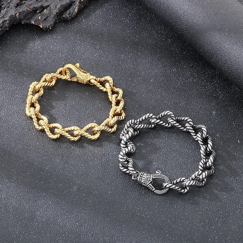 Vintage Herren Edelstahl Armband Gedrehte Seilkette Gravierter Karabinerverschluss Punk Biker Stil Industrie Schmuck