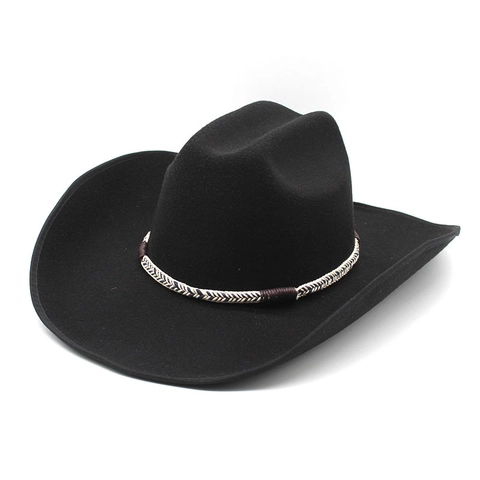 Western Cowboy Hat Wide Brim Felt Retro Ethnic Style With Woven Band Unisex Outdoor Sun Shade Panama Hat