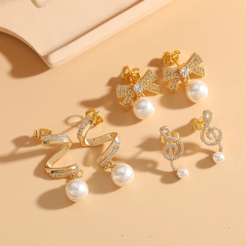 Ohrringe Mit Zirkonia Und Künstliche Perlen Vergoldetes Messing Schleife Band Musiknote Eleganter Luxus Schmuck Für Damen