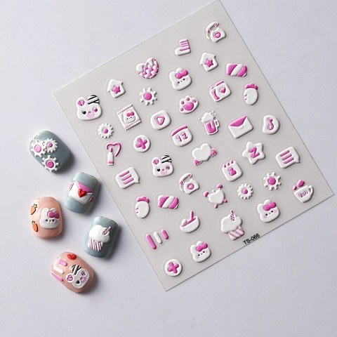 Nagelstickers 5D Reliëf Schattig Konijn Hart Ontwerp 3D Zelfklevend Waterdicht Cartoon Manicure Decoratie