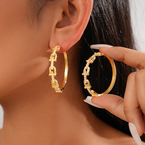 Boucles D'oreilles Créoles Chaîne En U Zircon Cuivre Plaqué Or 18K Tige En Argent Sterling 925 Géométrique Femmes