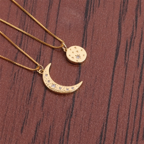 Elegante Collana Con Ciondolo Donna Rame Placcato Oro Zircone Luna Stella Geometrico Catena Scatola Accessori Moda Gioielli