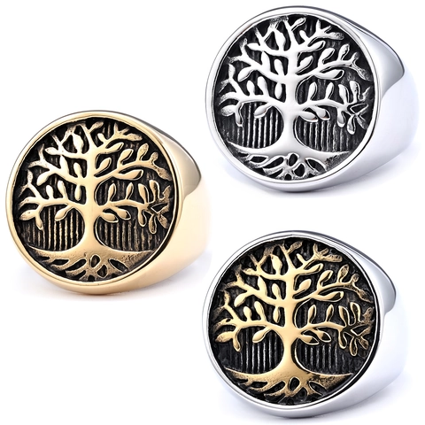Tree Of Life Signet Ring Vintage 316 Stainless Steel Maple Leaf Pattern Retro Punk Jewelry For Men