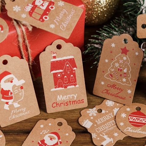 Christmas Gift Tags Kraft Paper Labels For Holiday Present Wrapping Decoration With Hemp Cotton Ropes Cartoon Santa Snowman DIY