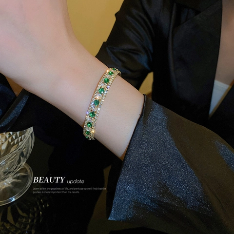 Bracciale Rigido Aperto Lega Strass Verde Smeraldo Bianco Quadrato Geometrico Gioielli Eleganti Lusso Donna