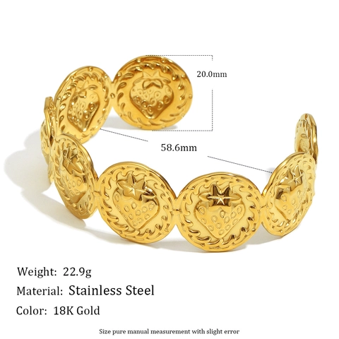 Vintage Strawberry Star Relief Cuff Bangle Stainless Steel 18K Gold Plated Embossed Open Bracelet For Women Fashion