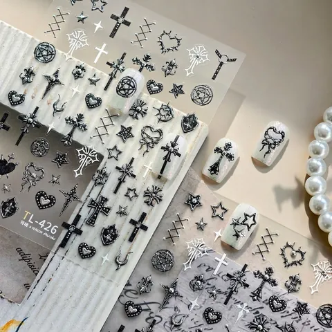 Gothic Nail Art Stickers Embossed Dark Style Cross Star Heart Design Manicure Decals DIY Accessories Punk Beauty
