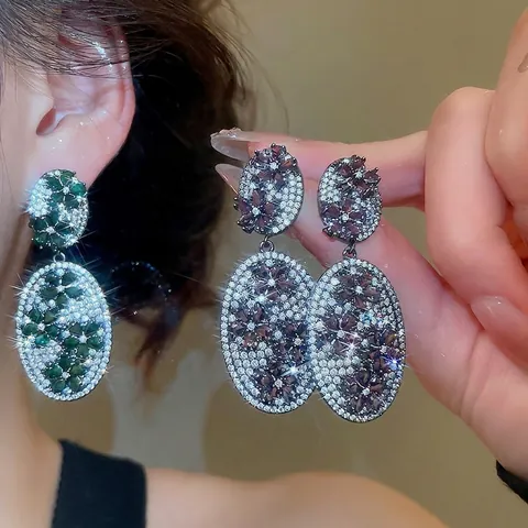 Orecchini Pendenti Ovali Con Fiore Zircone Pavé Rame Stile Vintage Di Lusso Per Donna Con Silver Earring Post