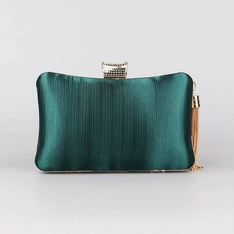 Evening Bag Satin Woven Texture Rhinestone Clasp Metal Tassel Wedding Party Clutch Handbag For Women Elegant