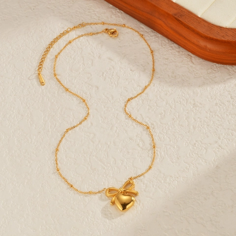 French Vintage Bowknot Heart Necklace Earrings Ring Set Elegant Gold Silver Stainless Steel Jewelry For Women Daily Accessories