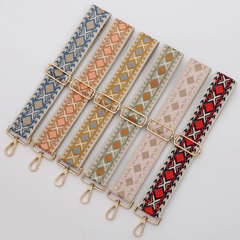 Ethnic Style Bag Strap Replacement Wide Geometric Diamond Pattern Adjustable Woven Polyester Shoulder Belt With Metal Buckle