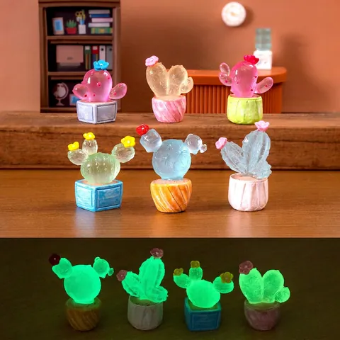 Figurine Di Mini Cactus Luminosi Bagliore Al Buio Resina Traslucida Gelatina Miniatura Pianta In Vaso Desktop