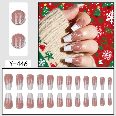 Christmas Press On Nails Long Coffin Shape White Snowflake Pattern French Tips Nude Pink Glossy Plastic False Nails Winter