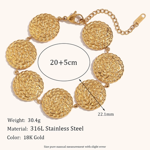 Bracciale A Disco Rotondo Martellato Placcato Oro 18K Acciaio Inossidabile Catena Regolabile Gioielli Vintage Per Donne